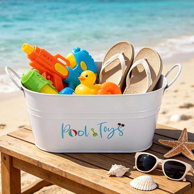 2 Pack Pool Toy Storage Bucket, Metal Poolside Toy Storage Bucket with Handles, Outdoor Summer Storage Box, Above Ground Pool Bin for Goggles Towels Swimming Camping Beach Accessories Decor (White)