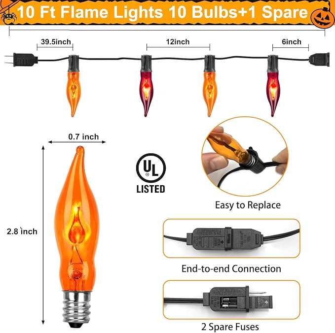 Christmas Flickering Flame String Lights, 10Ft with 11 Pack Orange Purple Flame Light Bulbs C18 E12 Base for Indoor Outdoor Christmas Decorations, Black Wire