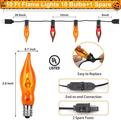 Christmas Flickering Flame String Lights, 10Ft with 11 Pack Orange Purple Flame Light Bulbs C18 E12 Base for Indoor Outdoor Christmas Decorations, Black Wire