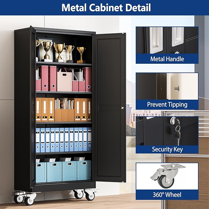 Ckzbx Metal Garage Storage Cabinet with Locking Doors and Adjustable Shelves,71" H Steel File Cabinet with Wheels for Garage,Office (Black)