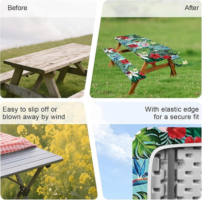 FOREVER QUEEN Picnic Table Cover with Bench Covers 72in,Waterproof Windproof Fitted Tablecloth,Tropical Floral Camping Essentials with Drawstring Bag,for RV,Patio,Park & Backyard