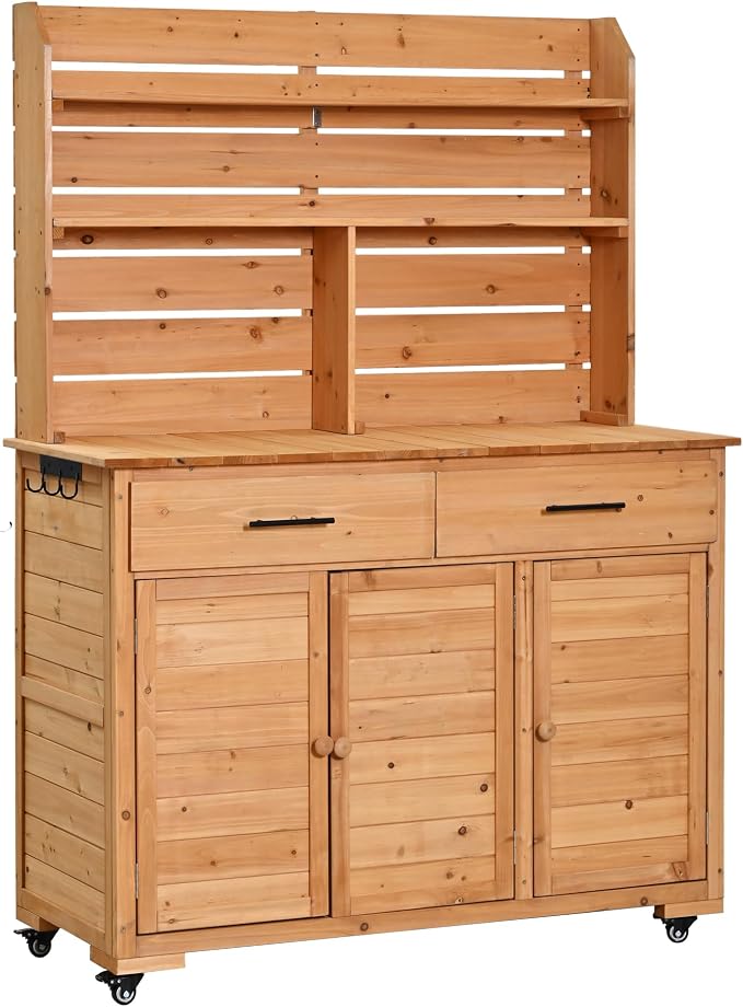 Outdoor Grill Cart with Storage Cabinet, Wood Outdoor Kitchen Island Prep Cart Grill Station for Food Prep and BBQ, Natural