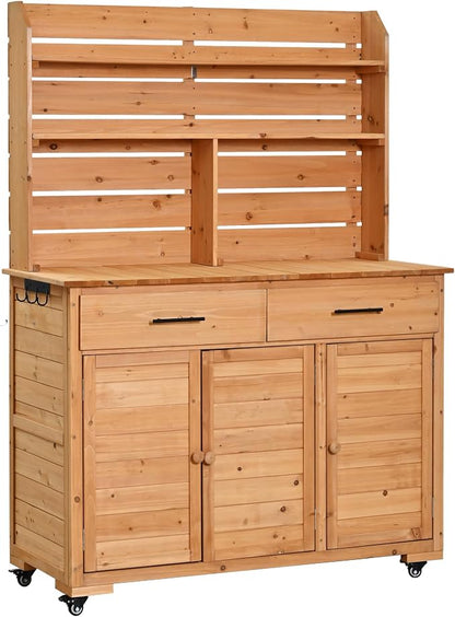 Outdoor Grill Cart with Storage Cabinet, Wood Outdoor Kitchen Island Prep Cart Grill Station for Food Prep and BBQ, Natural