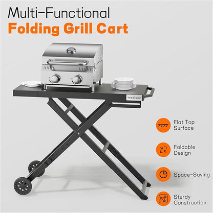 veralune Foldable BBQ Grill Cart with Wheels, Portable and Durable Collapsible Outdoor Table for Gas Grills, Perfect for Camping, Tailgating, Picnics, and Outdoor Cooking