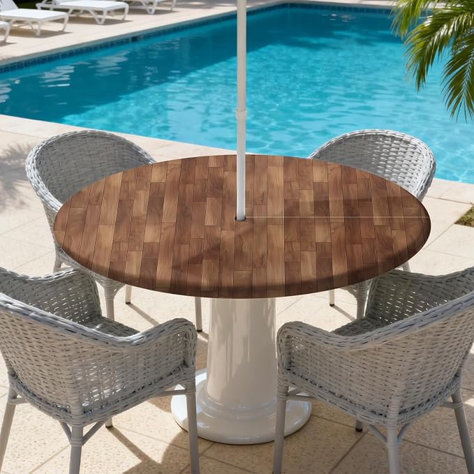 Outdoor Tablecloth with Umbrella Hole and Zipper Fits 61-65" Tables | Waterproof Round Fitted Tablecloth with Elastic Edge, Wipeable Outdoor Table Cover for Patio, Garden, Picnic