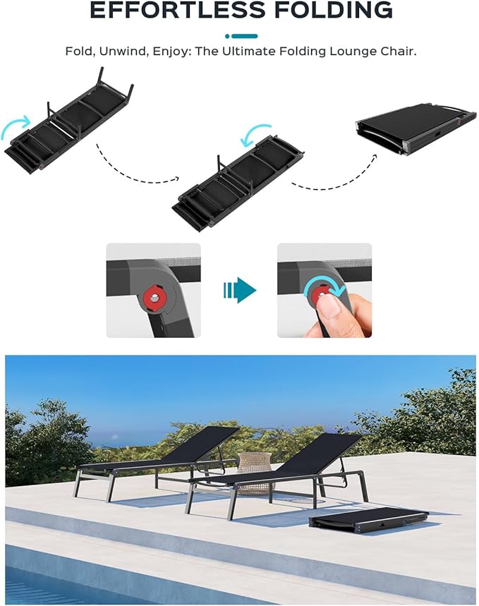 Ciokea Aluminum Chaise Lounge Ourdoor, Foldable & Assemble Free Outdoor Lounge Chair with 5 Adjustable Backrest, Patio Lounge Chair for Outside Poolside Beach Pool, Black