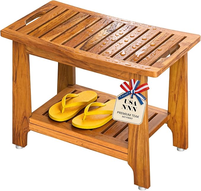 NNN 24" Home Teak Shower Bench with Japan-Made Non-Slip Leveling Feet | US Patented Design, Marine-Grade Hardware, Pre-Oiled European Teak Oil, Ready, 300lb, for Showers Spa Sauna & Outdoor Pools