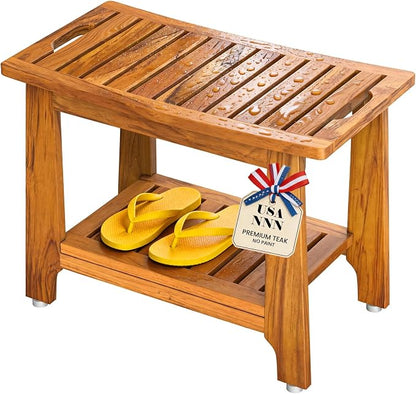 NNN 24" Home Teak Shower Bench with Japan-Made Non-Slip Leveling Feet | US Patented Design, Marine-Grade Hardware, Pre-Oiled European Teak Oil, Ready, 300lb, for Showers Spa Sauna & Outdoor Pools