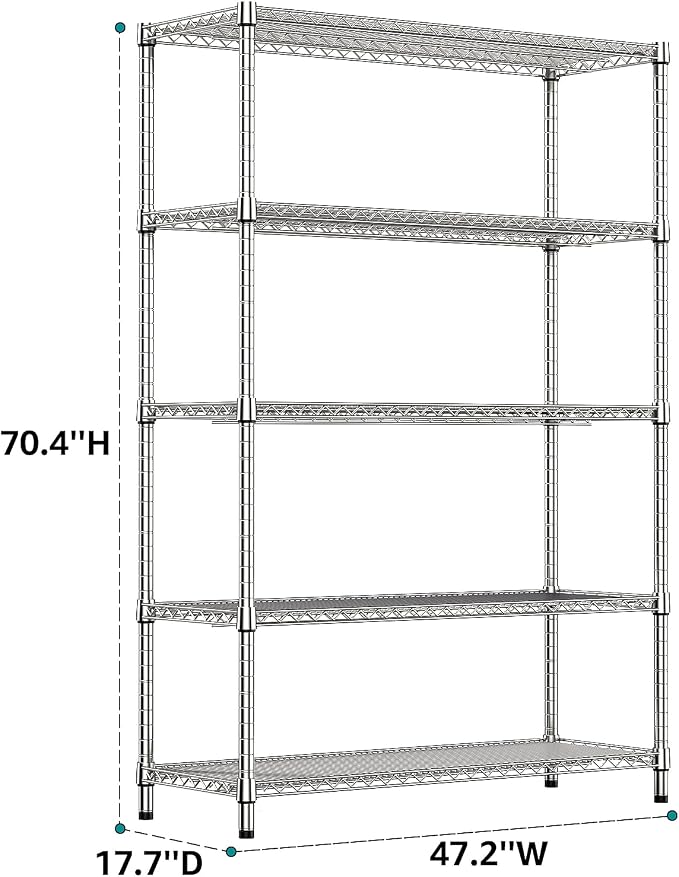 IZEUK 4250 LBS Garage Shelving Wide Storage Shelves 5 Tier Metal Shelves Heavy Duty Adjustable Utility Shelf Rack Chrome 17.7" D x 59.1" W x 70.4" H