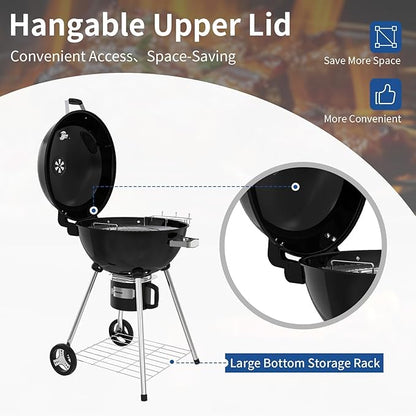 22.5-Inch Portable Charcoal Grill, Heavy Duty Kettle BBQ Smoker with Built-in Thermometer & Removable Water-Rinsable Ash Catcher for Outdoor Camping, Patio, Backyard, and Tailgating