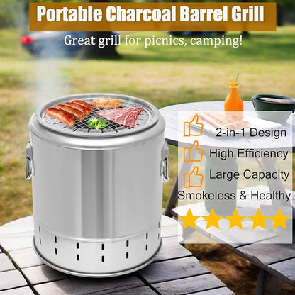 Portable Smokeless Barbecue Charcoal Barrel Grill, Stainless Steel Surround Charcoal Kebab Grill with 20 Skewers, 2-In-1 BBQ Grills for Outdoor Indoor Camping Picnics Gardens Parties