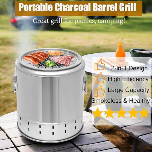 Portable Smokeless Barbecue Charcoal Barrel Grill, Stainless Steel Surround Charcoal Kebab Grill with 20 Skewers, 2-In-1 BBQ Grills for Outdoor Indoor Camping Picnics Gardens Parties