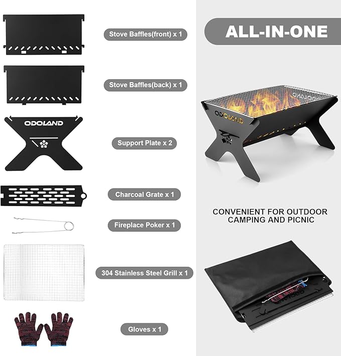 Odoland Bundle - 2 Items Camping Campfire Grill and 29pcs Stainless Steel Utensils Camping Tableware Kit