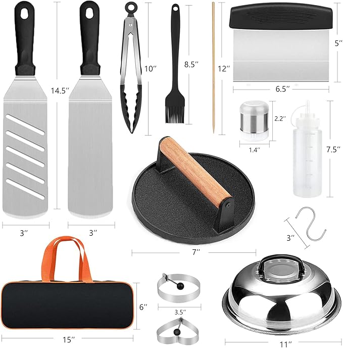 Blackstone Griddle Accessories & Burger Press, 122 PCS Griddle Grill Tools Set for Blackstone Stainless Steel Grill BBQ Spatula Utensils Set with Storage Bag