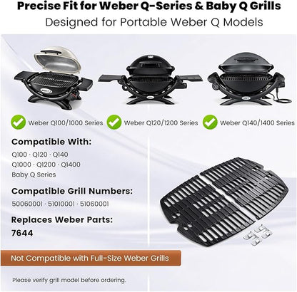 7644 Cast Iron Cooking Grates for Weber Q100/Q1000/Q120/Q1200/Q1400, 17 x 12.7 in Replacement Grill Grates for 516001, 516002, Baby Q Gas Grill, 2-Pack