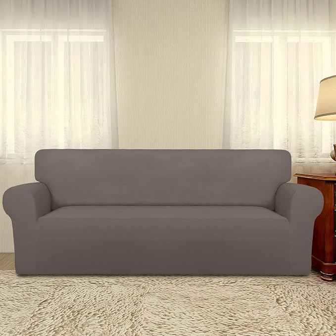 PureFit Stretch Couch Covers for Sofa Large Sofa Slipcovers Taupe | 1-Piece Sofa Cover Washable Soft Couch Protector, Couch Slipcover with Non Skid Foam and Elastic Bottom for Kids, Dogs