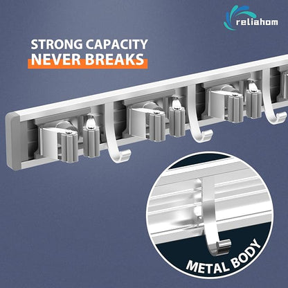 reliahom Broom Holder Wall Mount Mop Hanger Tools organizer 5Racks 4Hooks | Adjustable Mop Broom Wall Hanging Heavy duty Tools Storage Rack Space-saving for Garage,Kitchen,Laundry Room,Garden, Silver