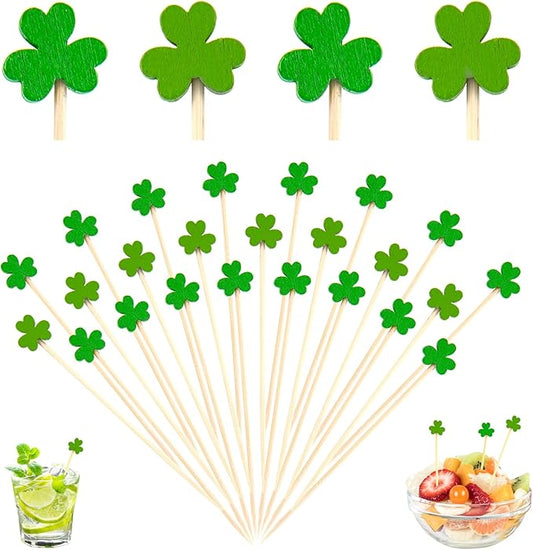 100 Pcs St. Patrick’s Day Shamrock Cocktail Picks, 4.7" Green Bamboo Toothpicks for Appetizers, Drinks Party Decorations, Irish-Themed Disposable Food Skewers for Holiday Celebrations