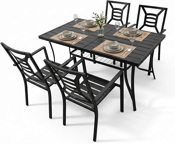 5 Piece Outdoor Patio Dining Sets, 60" Rectangular Metal Dining Table with Umbrella Hole & 4 Stackable Metal Chairs, Weather Resistant Garden Furniture Set for Backyard, Deck, Porch