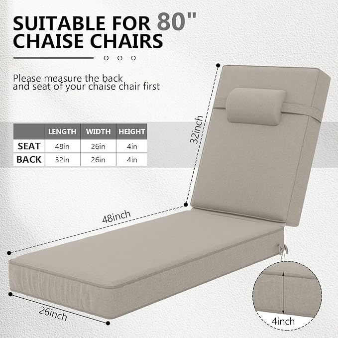 80 x 26 x 4 Inch Olefin Chaise Lounge Cushions, Lounge Chair Cushions with Headrest for Outdoor Furniture - Weather and Fade Resistant Patio Replacement Furniture Lounge Chair Cushion Set of 4