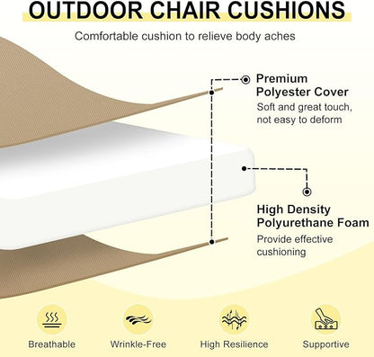 downluxe Outdoor Chair Cushions Set of 2 for Patio Furniture, Water-Resistant Patio Chair Cushions with Ties, High Density Foam Outdoor Seat Cushion, 17" X 16" X 2", Khaki