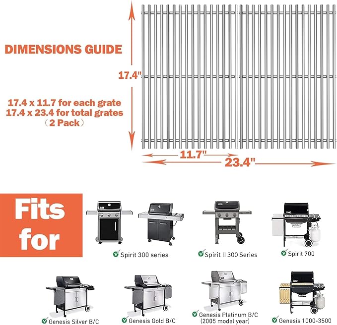 Utheer 7639 304 Stainless Steel Grill Grates for Weber Spirit I & II 300 Series, Spirit 700, 17.5" Cooking Grates for Genesis Silver B/C, Gold B/C, Platinum B/C, 1000-3500
