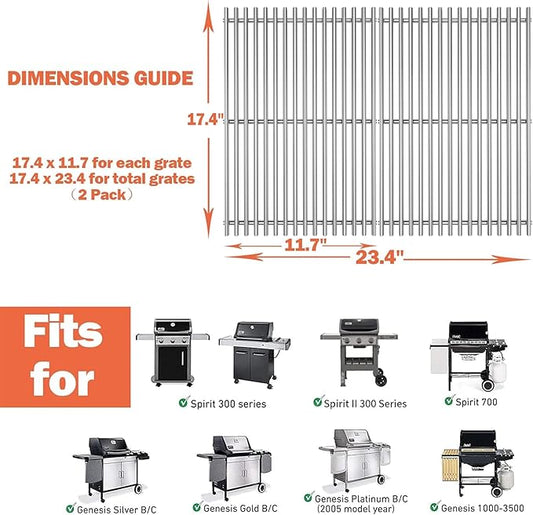 Utheer 7639 304 Stainless Steel Grill Grates for Weber Spirit I & II 300 Series, Spirit 700, 17.5" Cooking Grates for Genesis Silver B/C, Gold B/C, Platinum B/C, 1000-3500