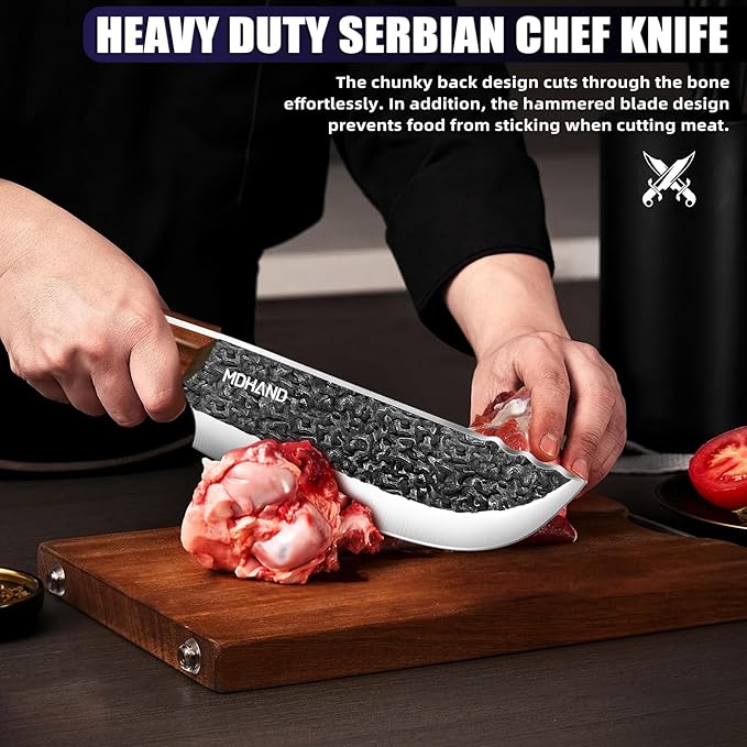 MDHAND Butcher Knife Set, 8PCS Hand Forged Butcher Chef Knife Set, High Carbon Steel Full Tang Kitchen Knives Set, Heavy Duty Meat Cleaver for Outdoor Camping BBQ, Gift for Men