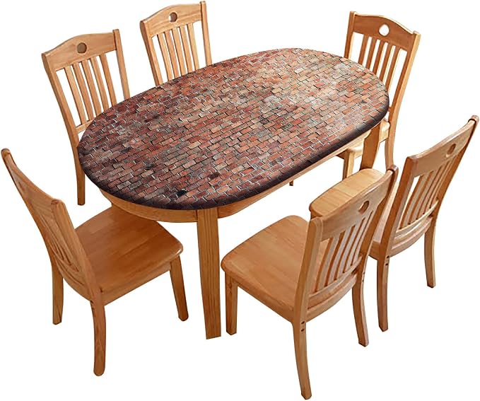 Wall Oval Fitted Tablecloth, Vintage Red Brick Wall Elastic Edged Table Cover, Polyester Table Cloths for Indoor Dining and Outdoor Patio Party Festival Use, Fits Tables Up to 52x70 Inches