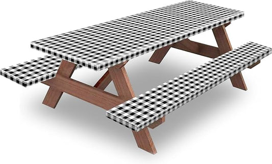 5ft 60" Picnic Table and Bench Cover, 3 Pack, Black-White Checkered | Waterproof Windproof, Elastic Fitted Edges Tablecloth, for Rectangle Table & Seat, Camping Essentials RV Gear