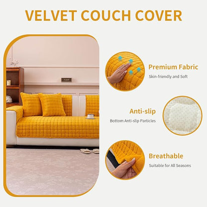 Velvet Couch Cover, Plush Sectional Sofa Cover Washable, Anti Slip Sofa Slipcover for 3-4 Cushions Sofas, Furniture Protector Covers for Pets & Kids(1PC,Mustard Yellow,36"×94")