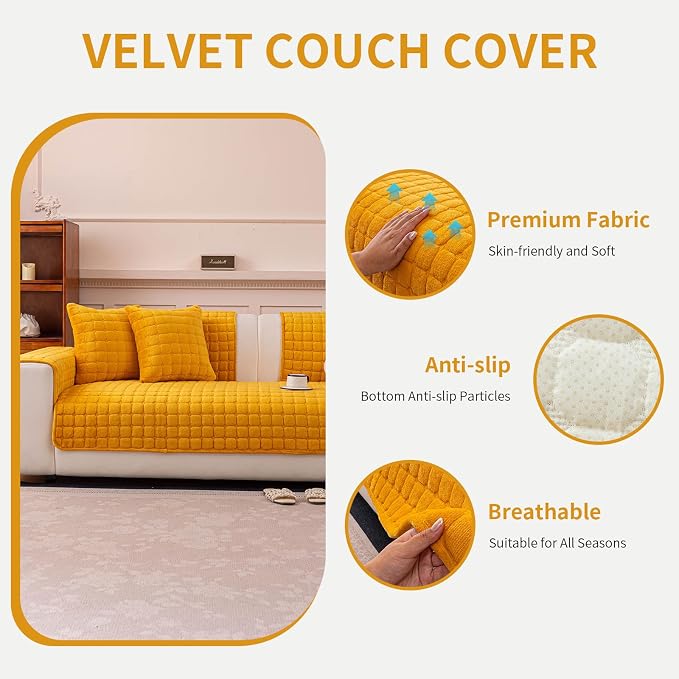 Velvet Couch Cover, Plush Sectional Sofa Cover Washable, Anti Slip Sofa Slipcover for 2-3 Cushion Sofas, Furniture Protector Covers for Pets & Kids(1PC,Mustard Yellow,36"×63")