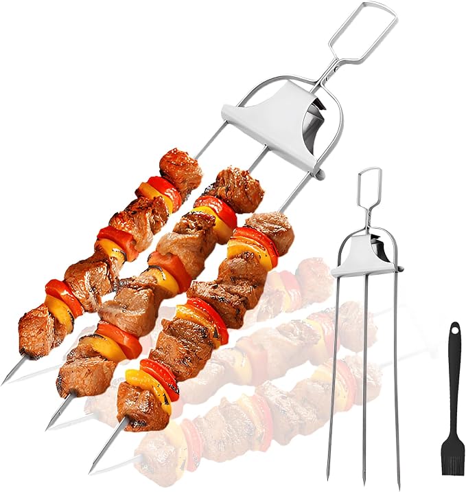 SHIKORI 3 Way Kabob Skewer, 14'' Stainless Steel Barbecue Fork, 2 Pcs | Kabob Sticks With Push Bar Reusable Metal Skewer for Outdoor BBQ
