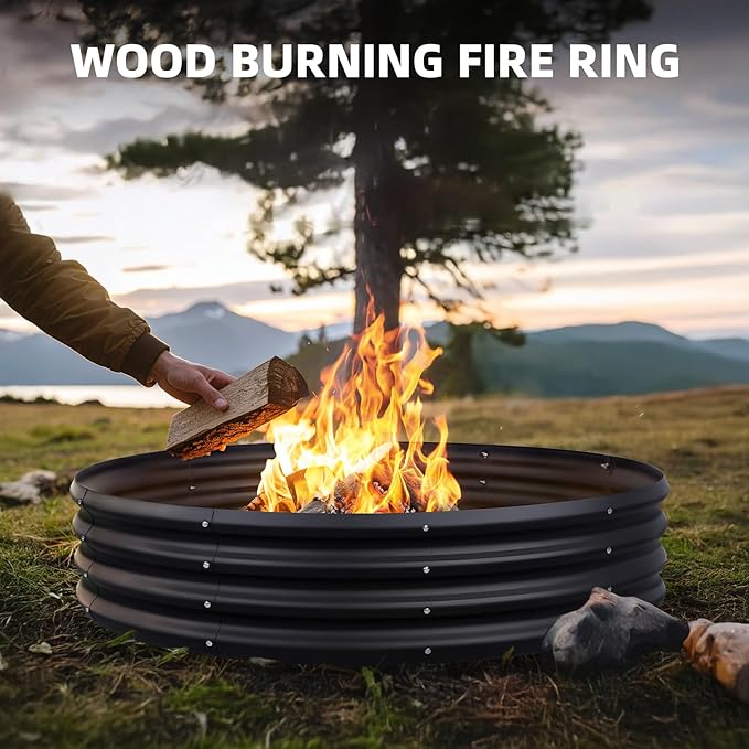 48 Inch Fire Pit Ring for Outside, 4FT Diameter Wood Burning Fire Ring, Large Round Galvanized Steel Fire Pit, Metal Outdoor Fireplace for Backyard, Patio, Camping, Bonfire (Black)