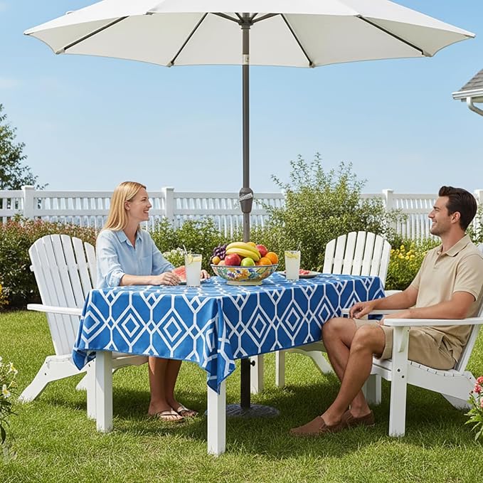 LUSHVIDA Moroccan Outdoor Tablecloth with Umbrella Hole and Zipper, 60 x 84 Inch Blue, Rectangle Waterproof Wrinkle Free Table Cloth Decorative Fabric Washable Table Cover for Patio, Party, Picnic