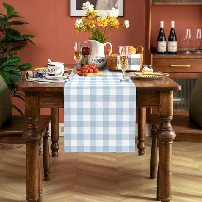 Dusty Blue Gingham Table Runner Light Blue Checkered Boy Girl Baby Shower Birthday Party Decoration Home Dining Kitchen Island Decor (13" x 60")
