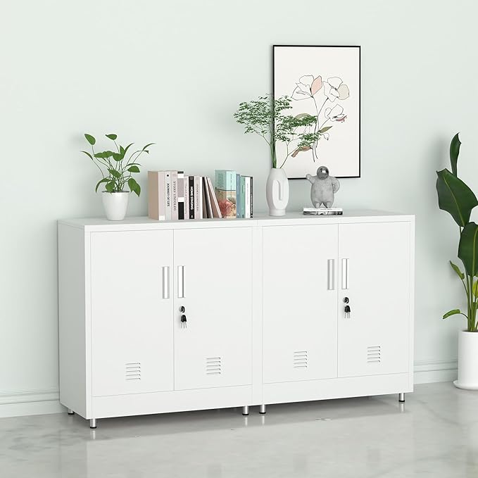 Metal Storage Cabinet with Locking Doors and Adjustable Shelf, Small Lockable Sideboard Buffet Cabinet for Home, Office, Entryway, Hallway, Living Room, Kitchen and Dining Room, White