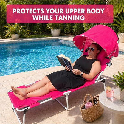 Tanning Chair with Sun Canopy Face Hole Softer Padded Adjustable Washable, Heavy Duty Layout Folding Lounge Chair for Adults Outside Beach Reading Sunbathing Poolside, UPF 50+ Sun Shade, Pink, 300 LBS
