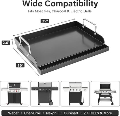 25" x 16" Nano-Ceramic Nonstick Cast Iron Griddle - 23lb Heavy Duty - Universal Flat Top with Grease Groove, Reinforced Ridges & High Sidewalls, for Gas/Charcoal Most Grill Brands