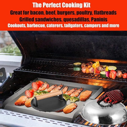 4 Piece Griddle Accessories Kit for Blackstone- 12'' Cheese Melting Dome Stainless Steel with 7'' Burger Bacon Press and 2 Pcs BBQ Heat Resistant Gloves for Flat Top Griddle Grill Indoor Outdoor