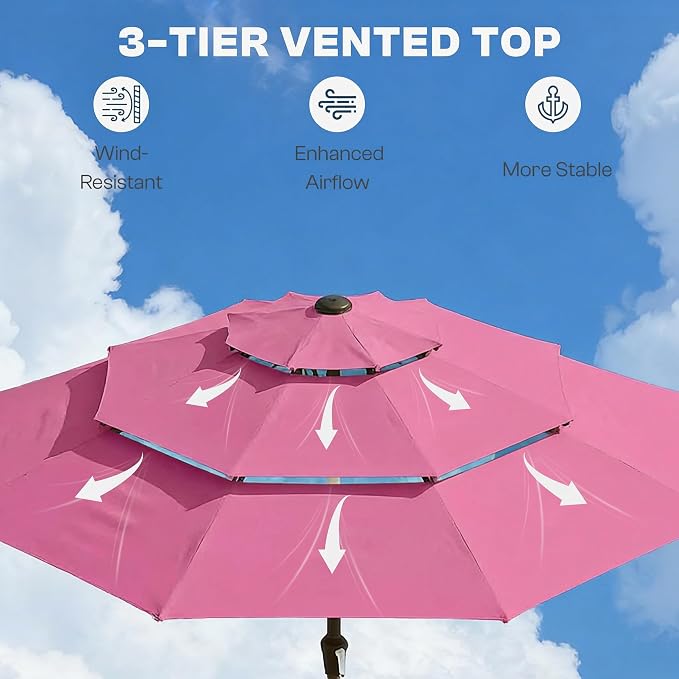 10ft 3 Tier Patio Umbrella, Outdoor Market Table Umbrella with UPF 50+ Vented Canopy, 8 Sturdy Ribs, Easy Push Button Tilt and Crank, Windproof for Deck, Pool, Backyard and Garden