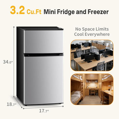 NEWBULIG Mini Fridge with Freezer 3.2 Cu.Ft Small Refrigerator for Office, Dorm, Small Fridge with Adjustable Thermostat, Energy Saving, Dual Door, Sliver