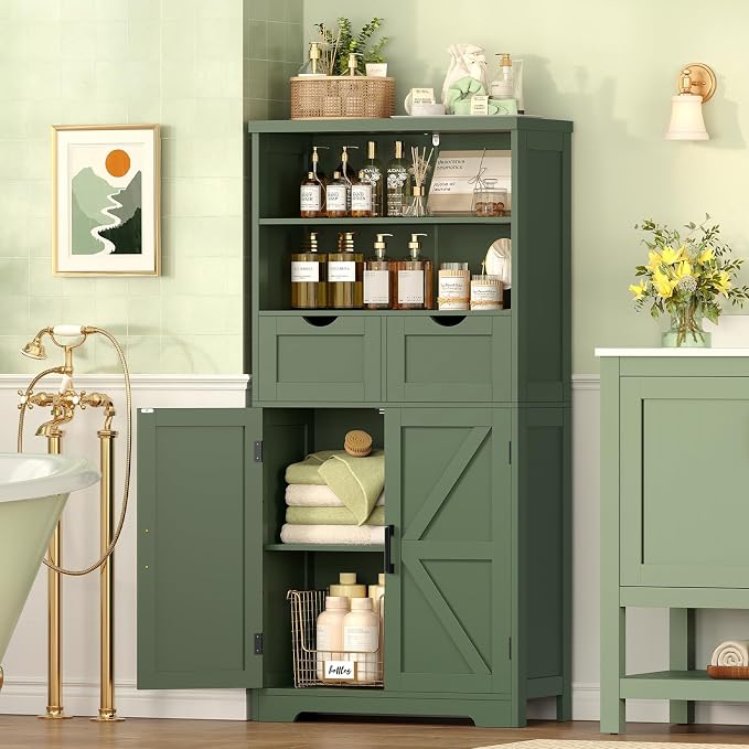 Bathroom Cabinet with Adjustable Shelf & 2 Drawers, Farmhouse Storage Cabinet with 2 Doors, Kitchen Storage Cabinets for Living Room, Entryway, Home Office, Forest Green