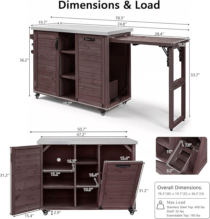78.3" Outdoor Kitchen Island with Foldable Grill Table, Wooden Outdoor Grill Cart with Trash Can Storage & Stainless Steel Top, Outdoor Bar Cart, Pizza Oven Table for Lawn & Garden (Dark Brown@76)