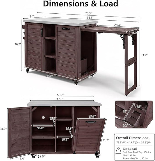 78.3" Outdoor Kitchen Island with Foldable Grill Table, Wooden Outdoor Grill Cart with Trash Can Storage & Stainless Steel Top, Outdoor Bar Cart, Pizza Oven Table for Lawn & Garden (Dark Brown@76)
