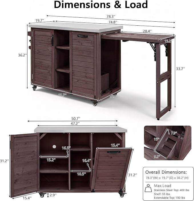 JIVOIT 78.3" Outdoor Kitchen Island with Foldable Table, Wooden Outdoor Grill Cart with Trash Can Storage & Stainless Steel Top, Adjustable Shelf, Spice Rack, Modular Towel, Paper Rack
