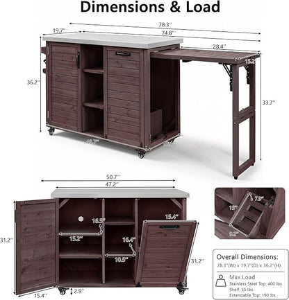 JIVOIT 78.3" Outdoor Kitchen Island with Foldable Table, Wooden Outdoor Grill Cart with Trash Can Storage & Stainless Steel Top, Adjustable Shelf, Spice Rack, Modular Towel, Paper Rack