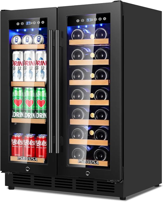 24 Inch Wine and Beverage Refrigerator Dual Zone Wine Fridge Beverage Cooler Holds 88 Cans and 20 Bottles, Seamless Frame, Built-In or Freestanding with Glass Door for Kitchen, Home Bar