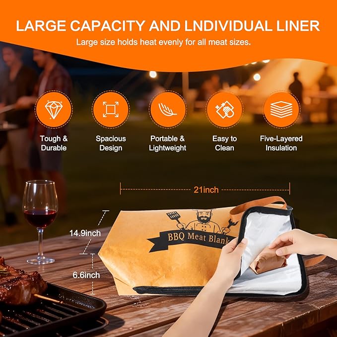 BBQ Blanket for Resting Meat - Premium Insulated Meat Resting Bag with Removable Liner for Easy Cleaning - Wide Mouth Design Fits Large Briskets, Beef, Turkey, Pork Shoulder