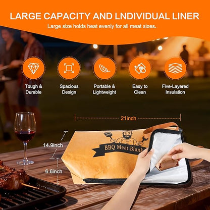BBQ Blanket for Resting Meat - Premium Insulated Meat Resting Bag with Removable Liner for Easy Cleaning - Wide Mouth Design Fits Large Briskets, Beef, Turkey, Pork Shoulder